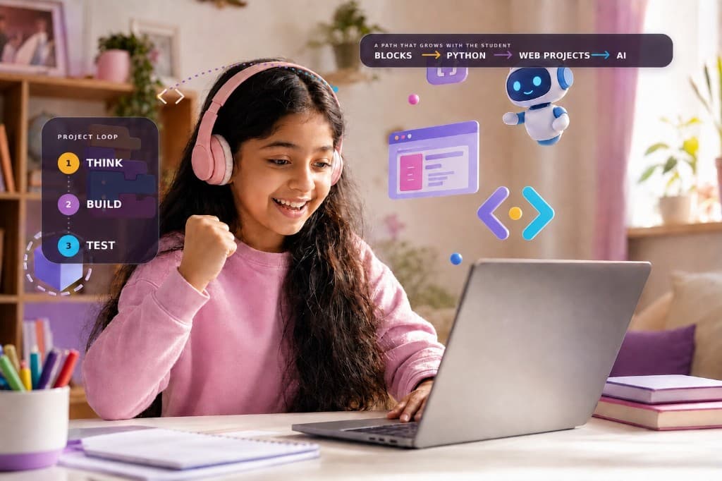 Girl celebrating at her laptop while learning to code, on a path from blocks to Python, web projects and AI