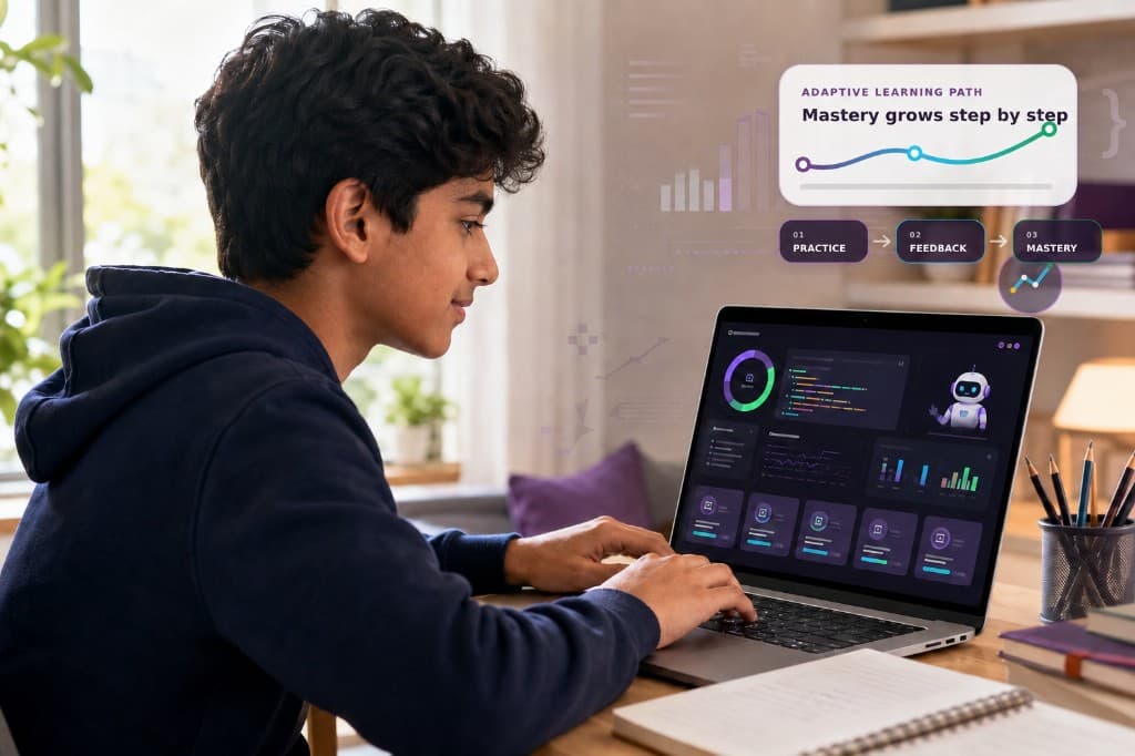 Student using the GradeNext adaptive learning dashboard on a laptop at home