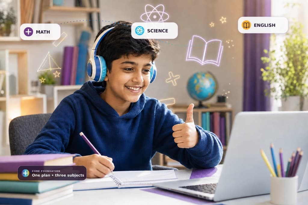 Smiling student with headphones giving a thumbs up while practicing math at a laptop