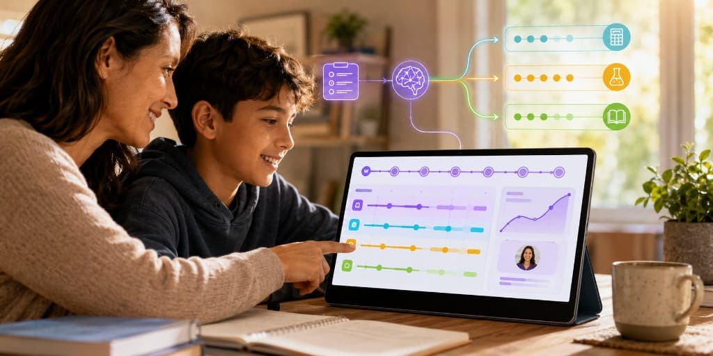 Parent and child reviewing a personalized learning path together on a tablet